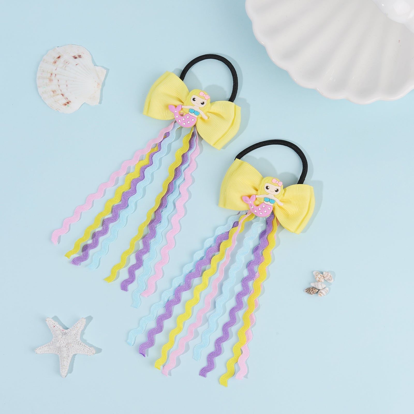 2pcs 2.75" Mermaid Bows Ribbon Hair Tie with Elastic Rubber Bands image 5