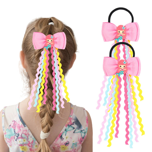 2pcs 2.75" Mermaid Bows Ribbon Hair Tie with Elastic Rubber Bands image 0