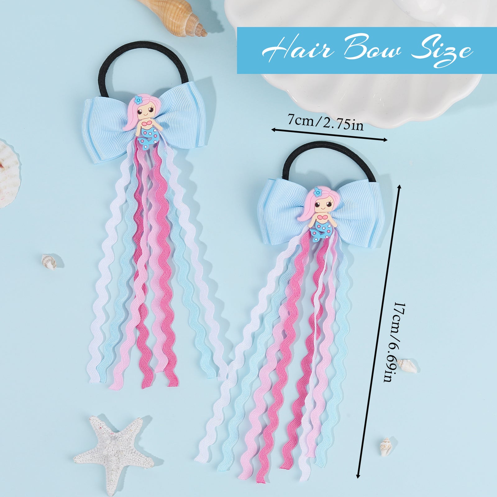2pcs 2.75" Mermaid Bows Ribbon Hair Tie with Elastic Rubber Bands image 3