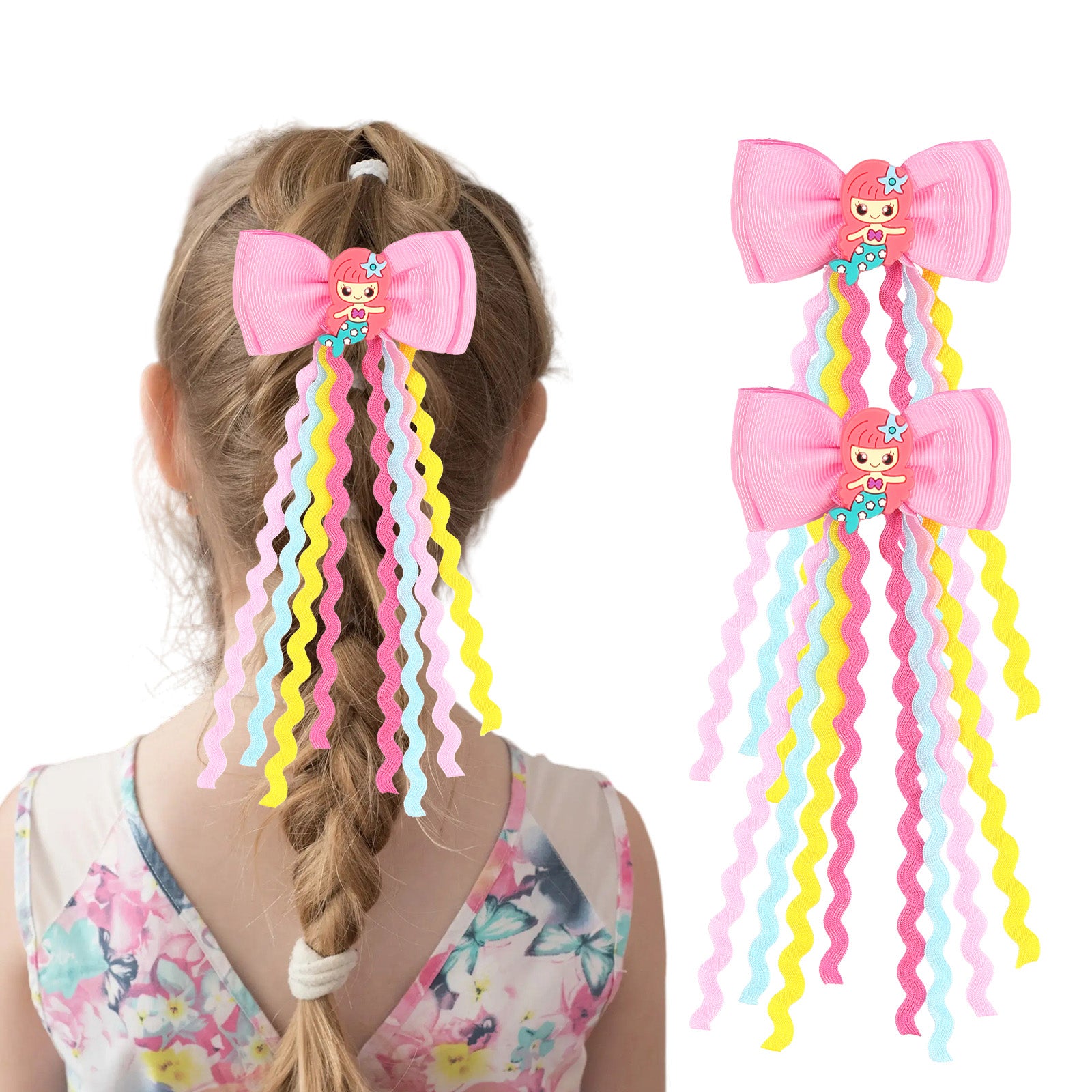 2pcs 2.75' Mermaid Hair Clip Bows with Wavy Streamers for Girls, Kids