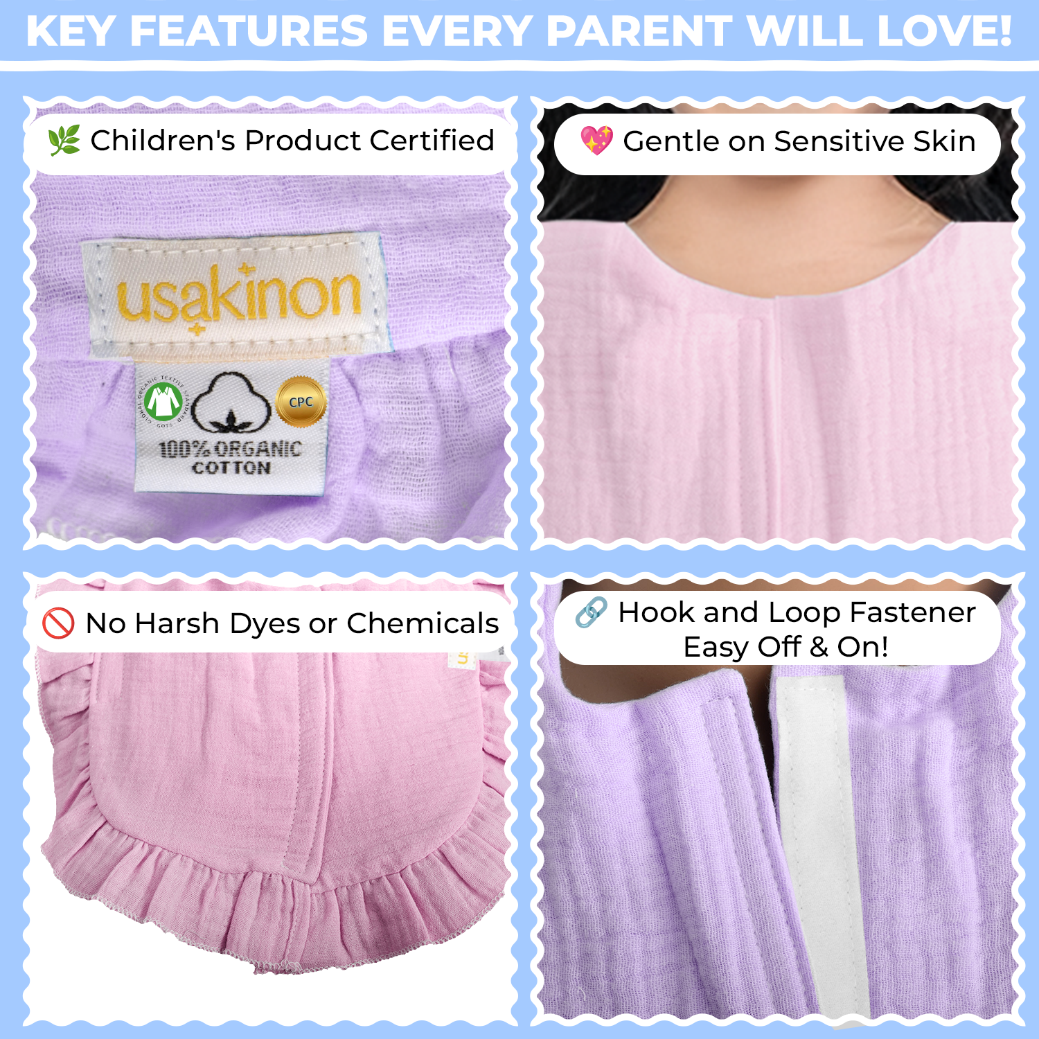 100% Organic Muslin Cotton Baby Bibs 2 Pack Front Closure CPC & COTS Safe image 5