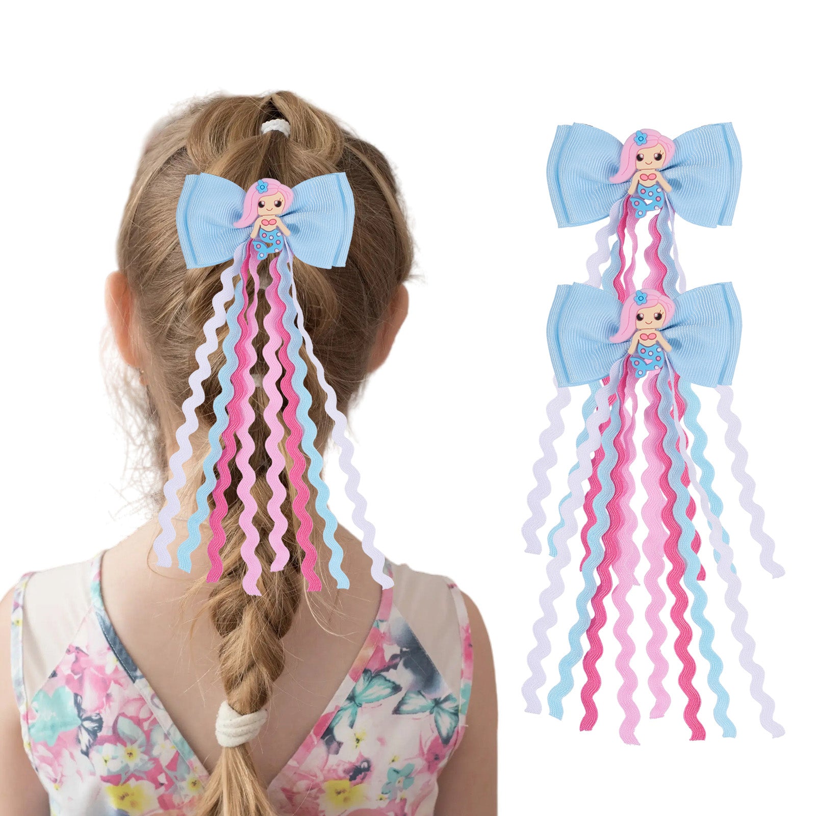 2pcs 2.75' Mermaid Hair Clip Bows with Wavy Streamers for Girls, Kids image 0