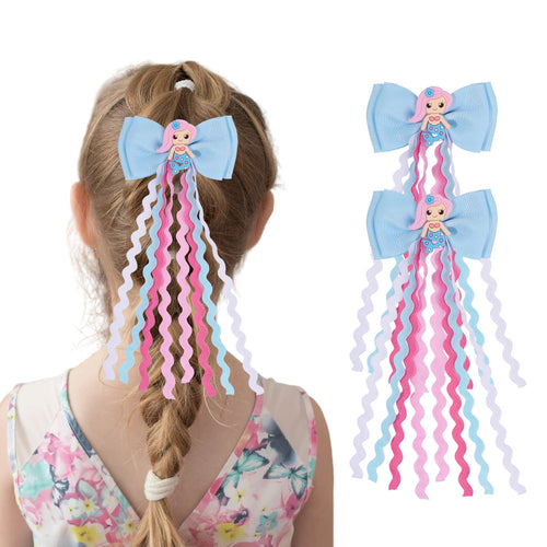 2pcs 2.75' Mermaid Hair Clip Bows with Wavy Streamers for Girls, Kids image 0
